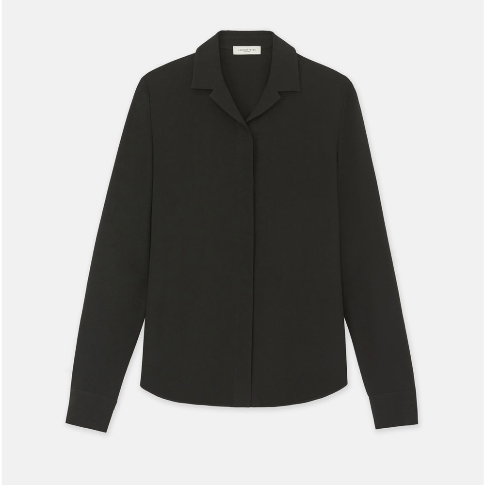 Finesse Crepe Collared Silk Blouse Black by Lafayette 148 New York-New with Tags
